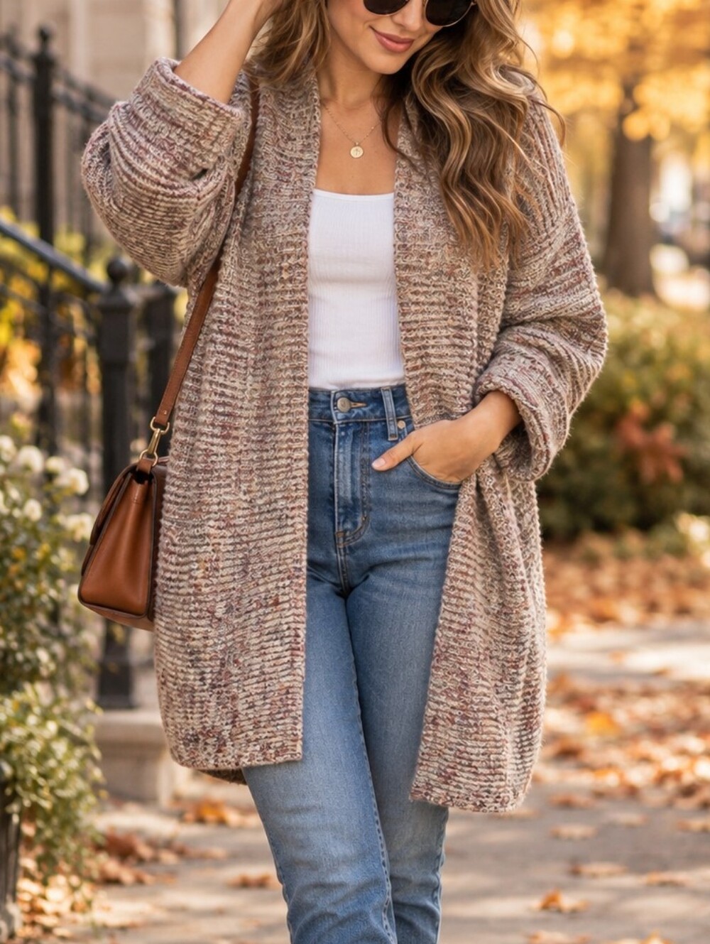 DEX Marled Open Front Cardigan Sweater Beige Cozy Size M